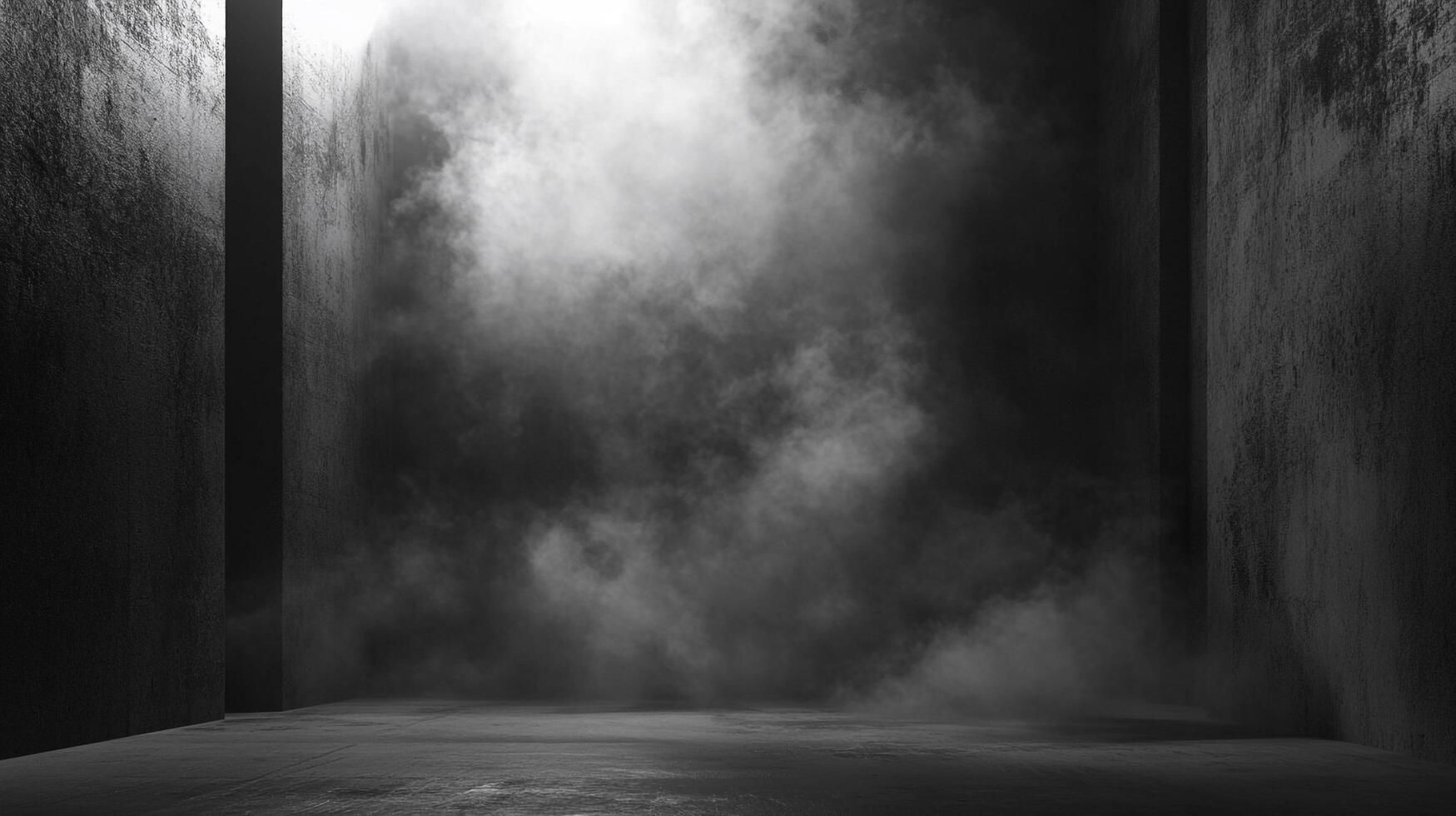 Ethereal monochrome scene with dense fog engulfing a concrete corner, highlighting textures and creating a mysterious, atmospheric space. photo