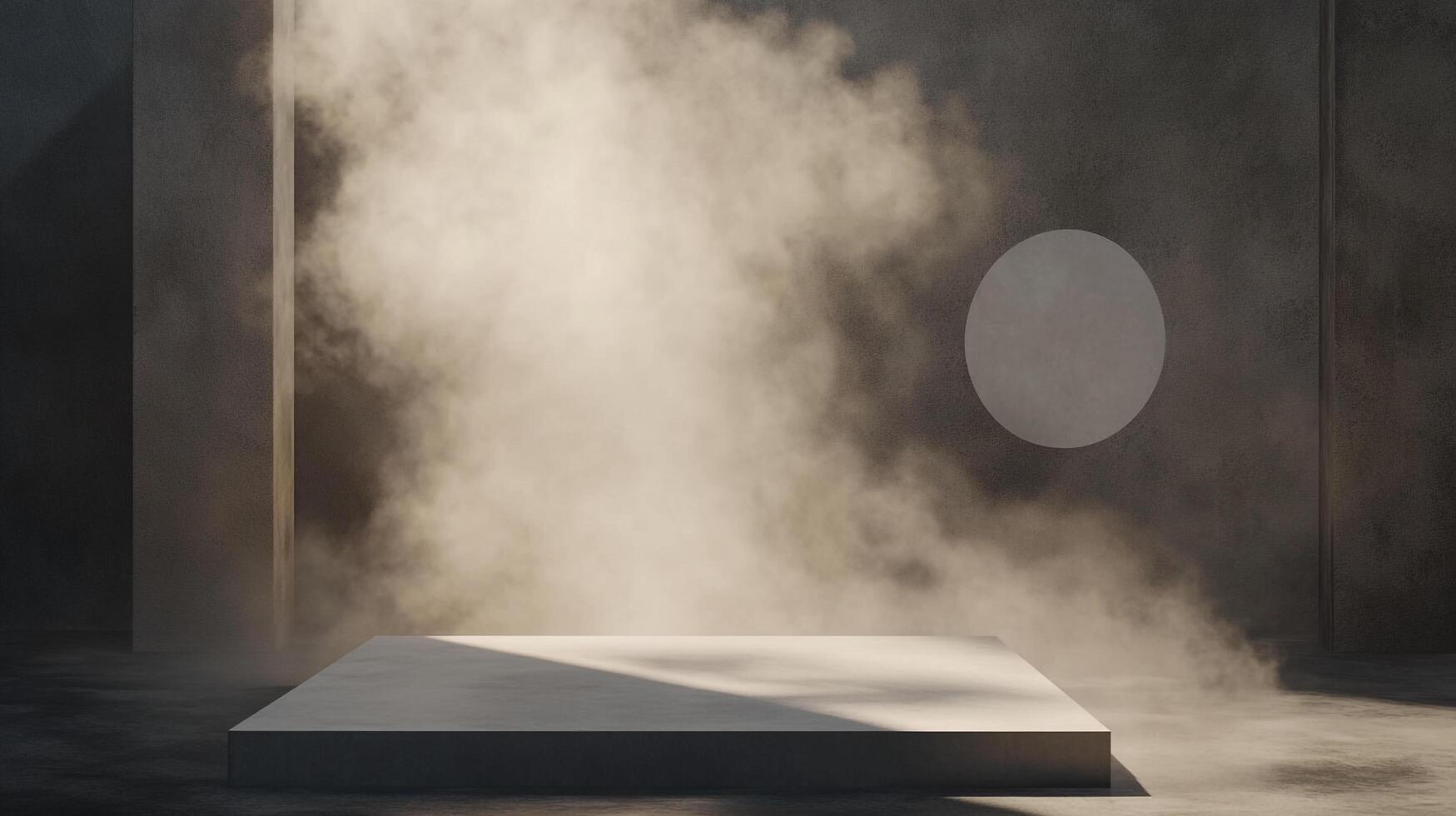 Atmospheric presentation podium with fog, light, and shadows. Minimalist scene evokes mystery and calm. Neutral tones. photo