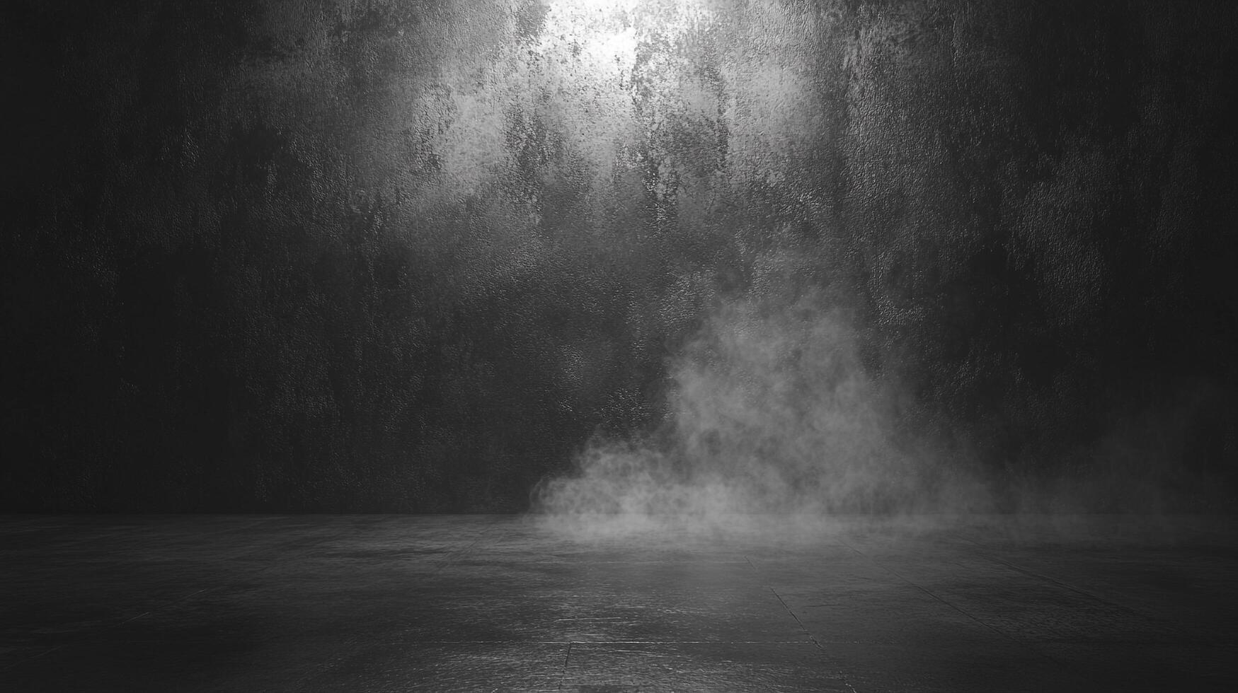 A moody, monochrome image features a textured wall meeting a smooth floor, highlighted by a burst of vaporous fog and soft, diffused light. photo