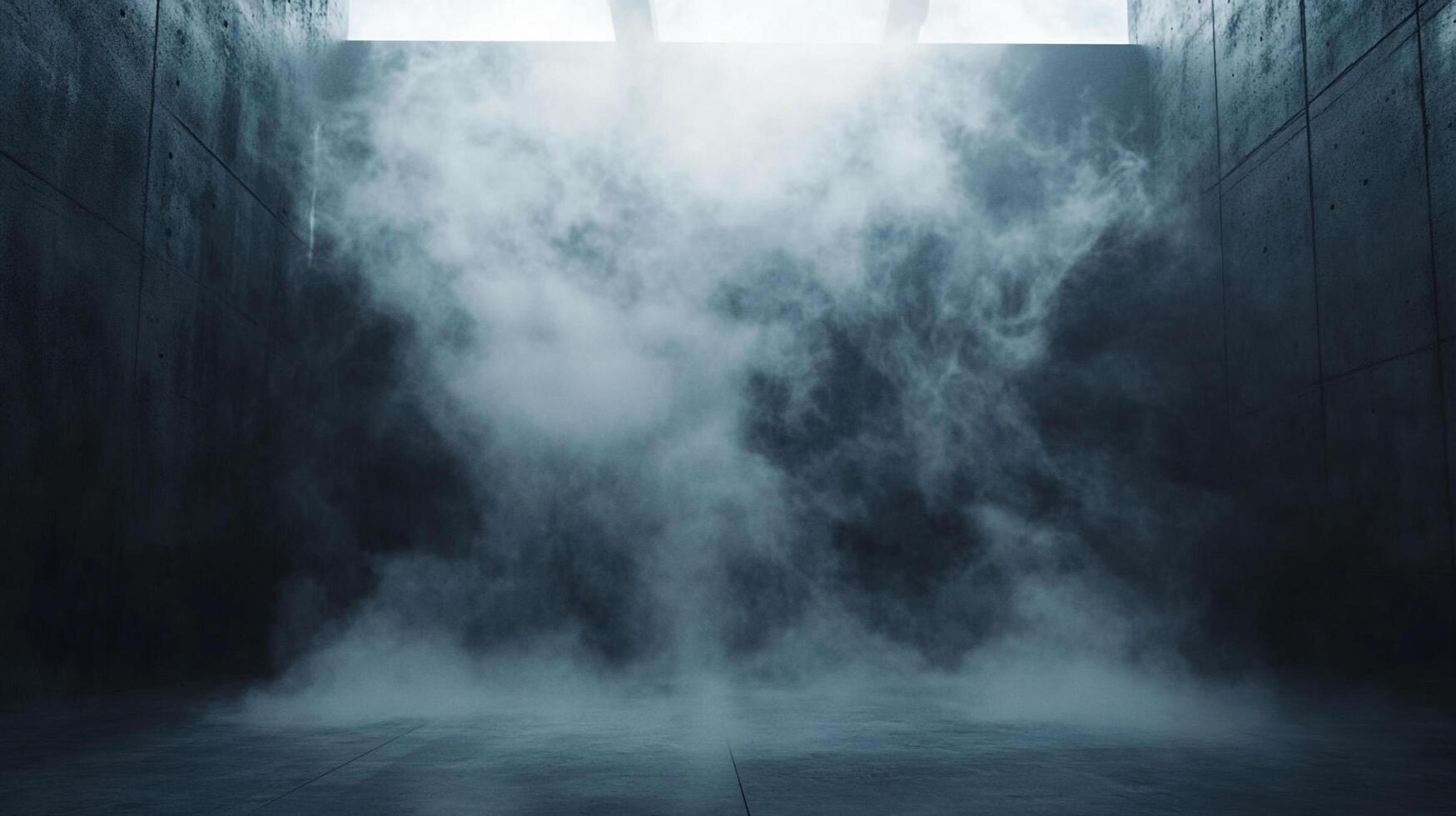 Atmospheric concrete space filled with mist and light, creating a cool and mysterious ambiance. Abstract and visually interesting. photo