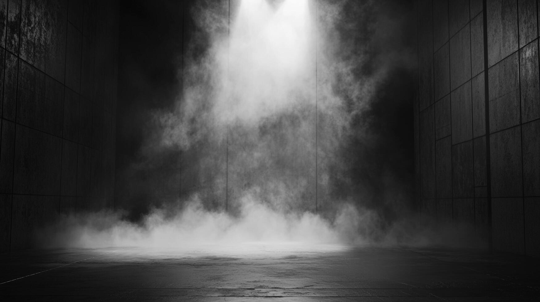 Monochromatic scene featuring plumes of fog illuminated by spotlights, casting eerie shadows across a textured floor and tiled walls. photo
