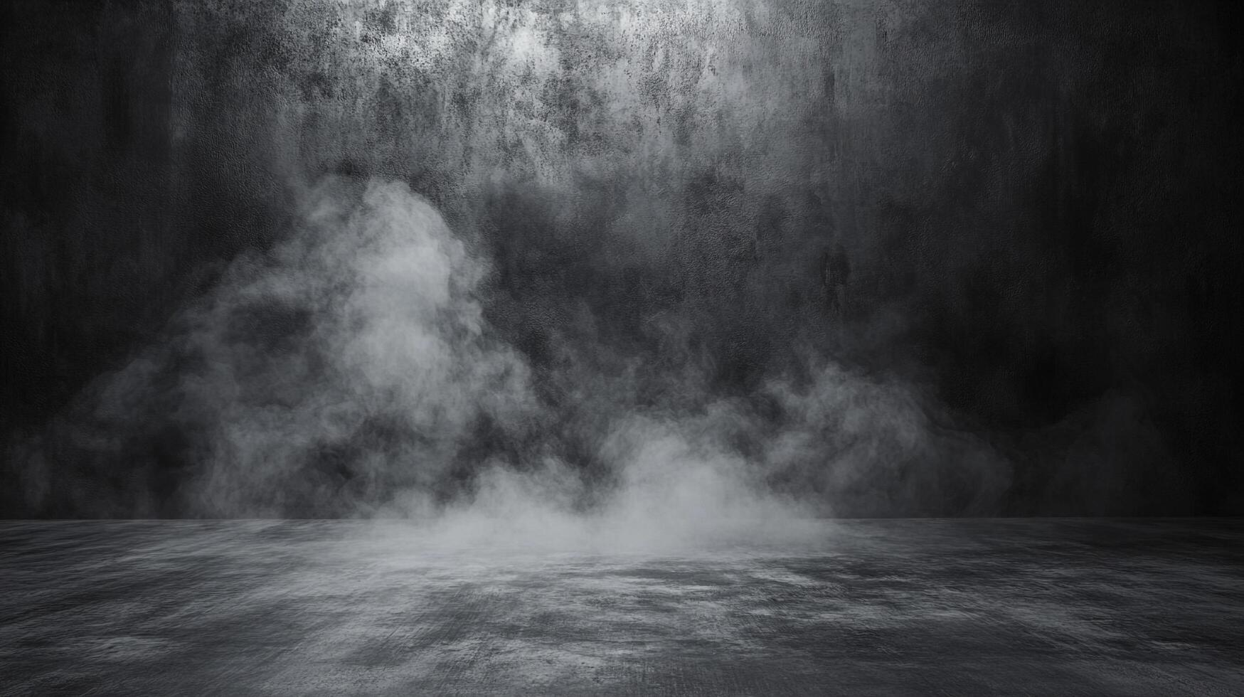 An atmospheric scene features smoke or fog emanating from a dark, textured surface against a matching backdrop. Moody lighting highlights the scene. photo