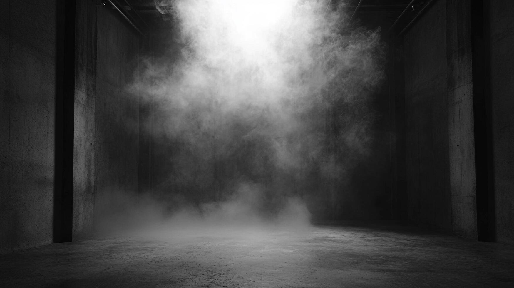 Eerie fog engulfs a stark concrete room, casting a mysterious ambiance in the darkness. Sparse lighting enhances the scene's drama. photo