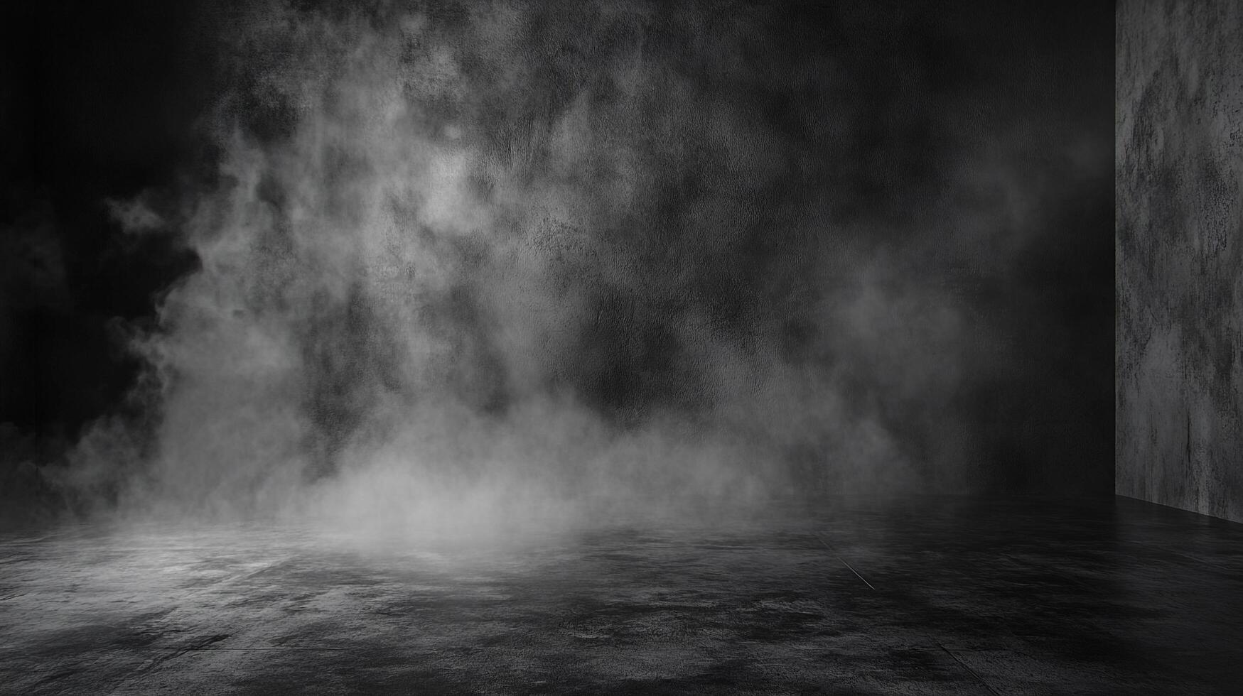 Eerie atmosphere with smoke. Dark room with light smoke rising off floor, creating a mysterious scene. photo