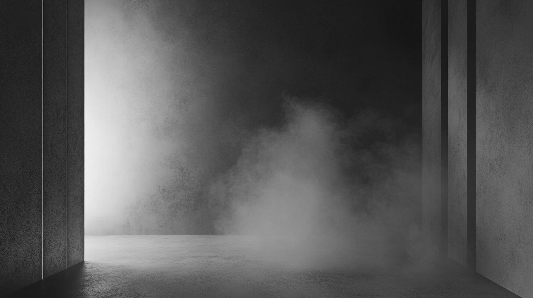 Mysterious monochrome shot featuring fog or smoke filling a stark, industrial-style interior, creating a sense of depth and intrigue. photo