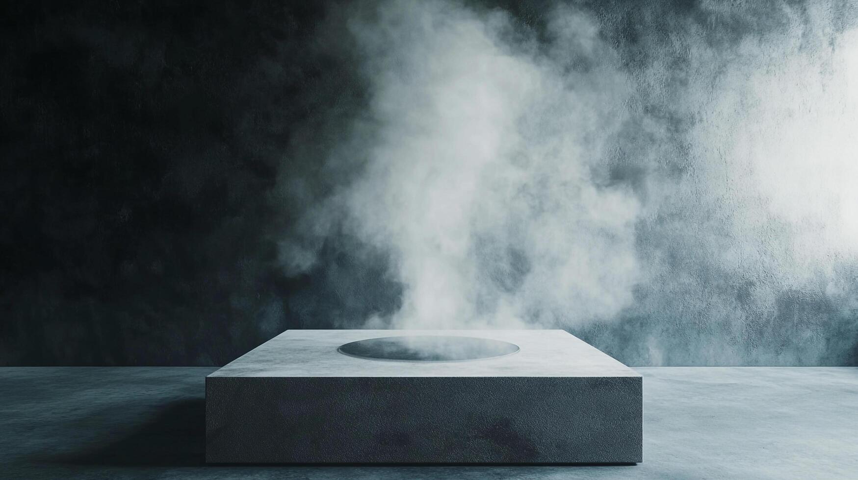 Stone platform in a misty room, perfect for showcasing products or art with a mysterious, atmospheric backdrop to evoke emotion. photo