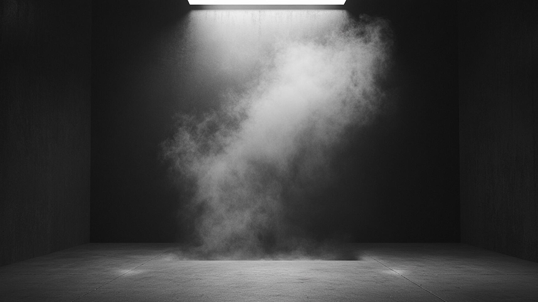 An empty, dimly lit room with a concrete floor. A column of fog or smoke fills the space, illuminated by a light from above. photo
