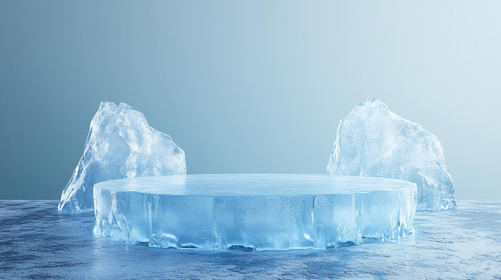 Icy platform display with glacier fragments, cool aesthetic for product placement, showcasing frozen theme for winter holiday promotions. photo