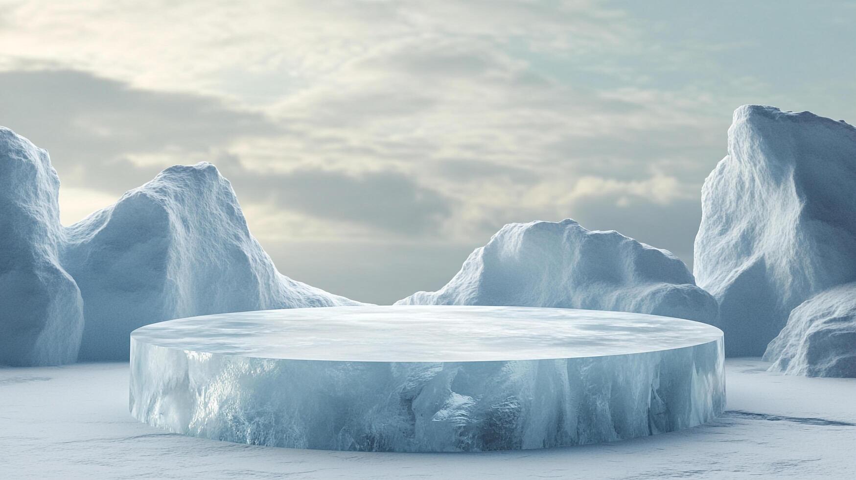 Icy platform display in a serene, cold environment, showcasing natural beauty and pristine conditions. Ideal for product presentations. photo
