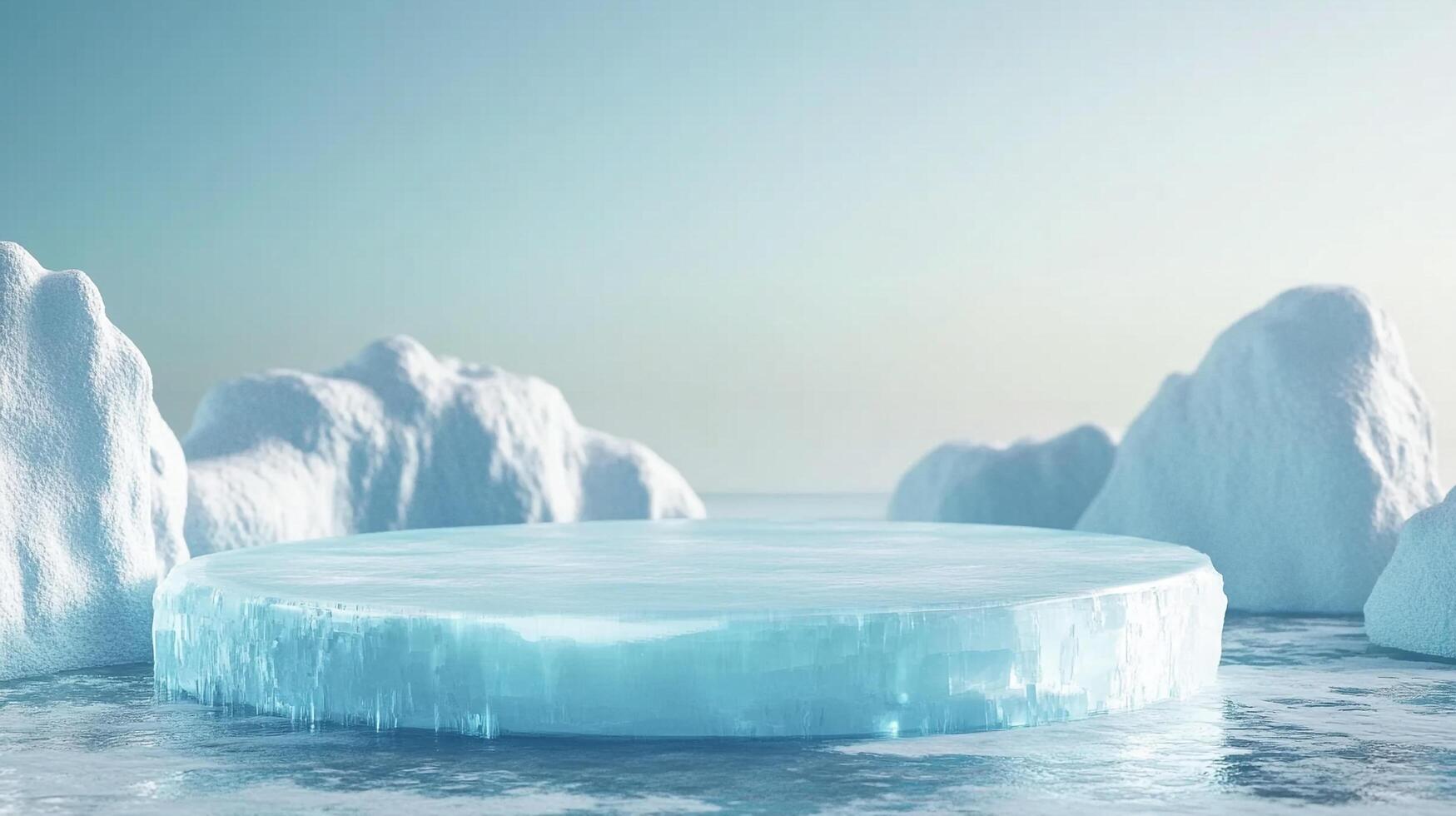 A frozen platform on the water, surrounded by snowy peaks. Ideal for showcasing products with a cool and refreshing theme. photo