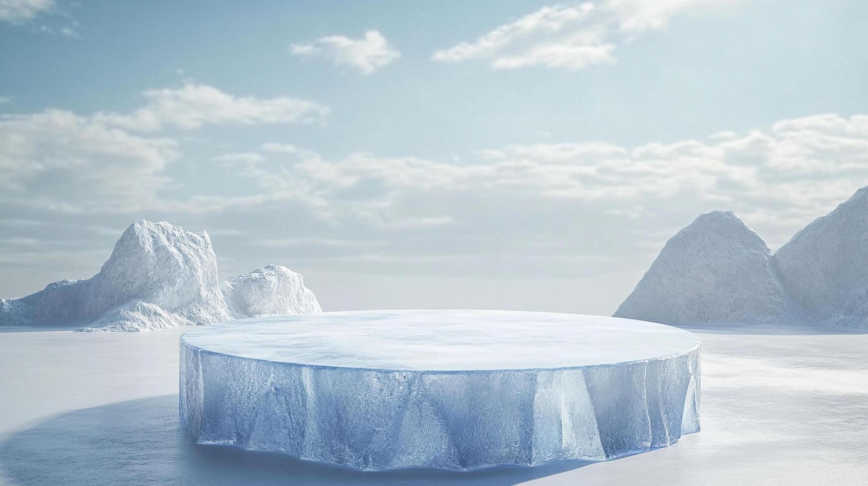Icy platform under a partly cloudy sky with snow capped mountains in the background, ideal setting for showcasing product in winter promotion. photo