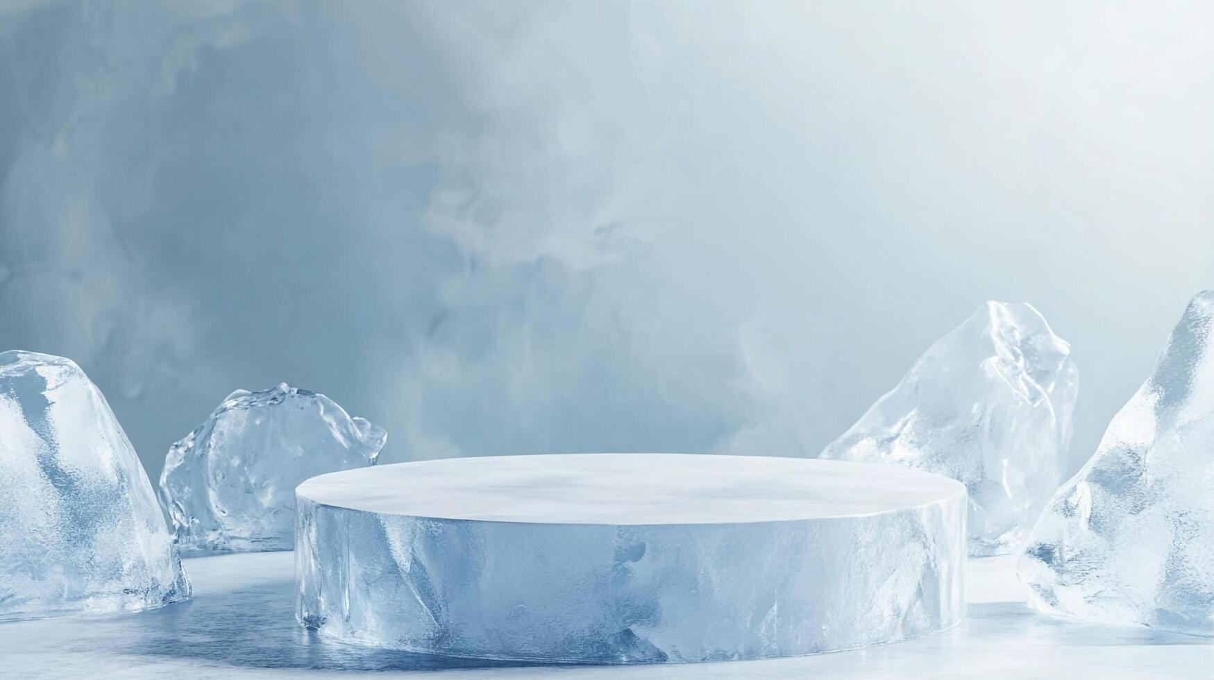 Icy platform surrounded by ice shards, ideal for showcasing products in a winter or cool-themed setting. Background with frosty ambiance. photo