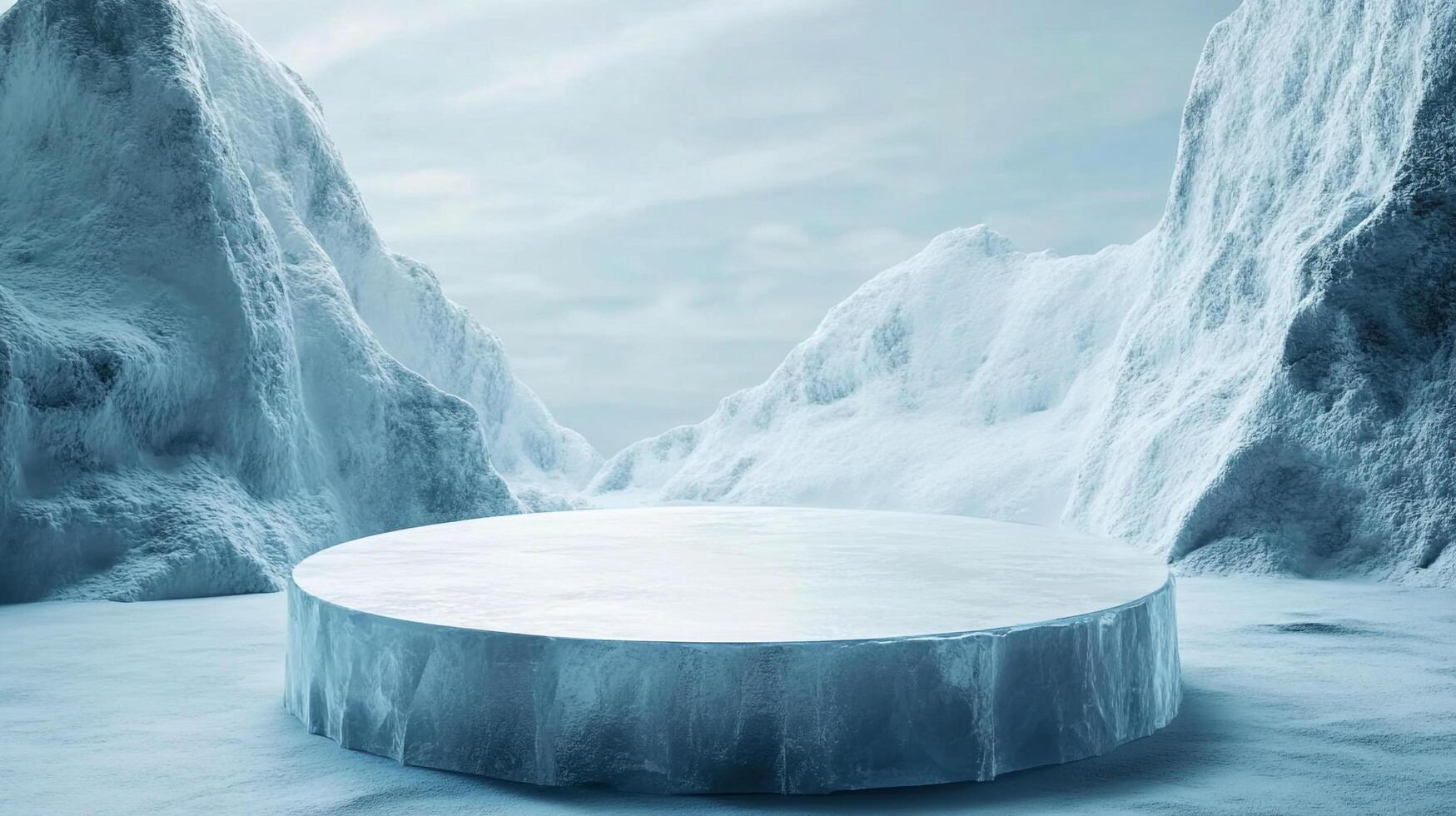 Icy platform in a serene arctic landscape. The scene suggests frozen tundra or a pristine, snow-covered setting. A unique, minimalist backdrop. photo