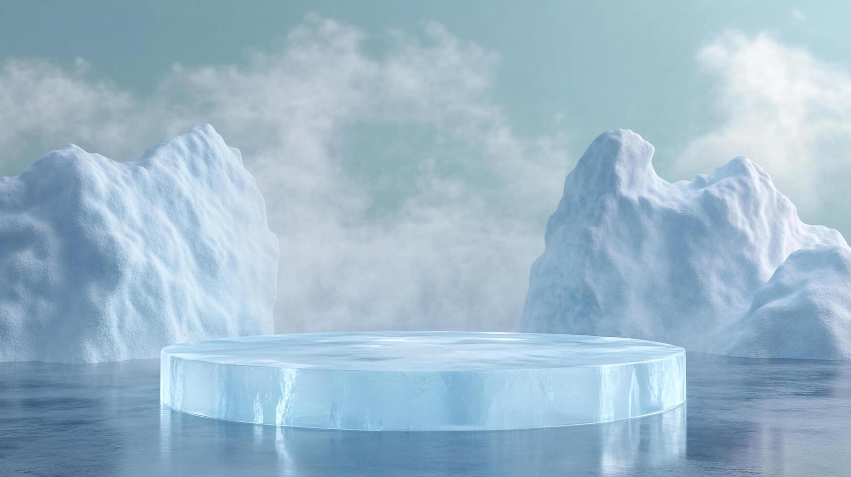Icy platform surrounded by snowy mountains under a cloudy sky, evoking coldness and serenity, perfect for showcasing winter-themed items. photo