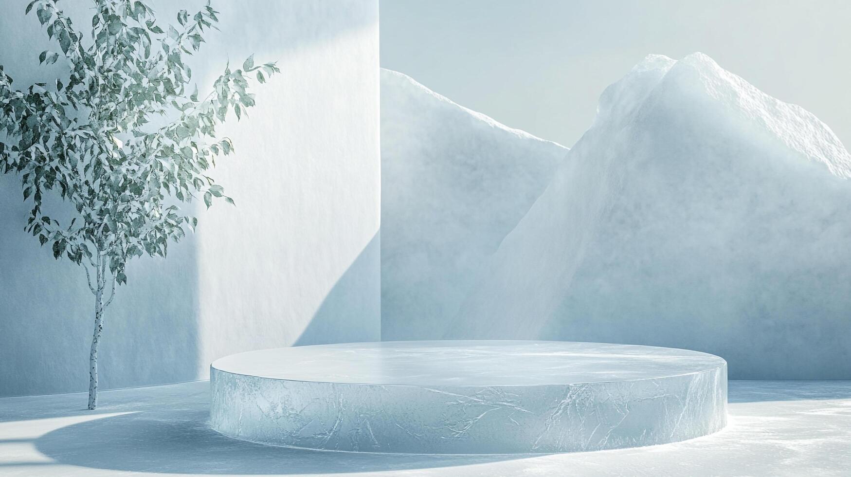 Minimalist cool blue and white winter scene with round stage, mountains of ice and snow, and small tree. photo