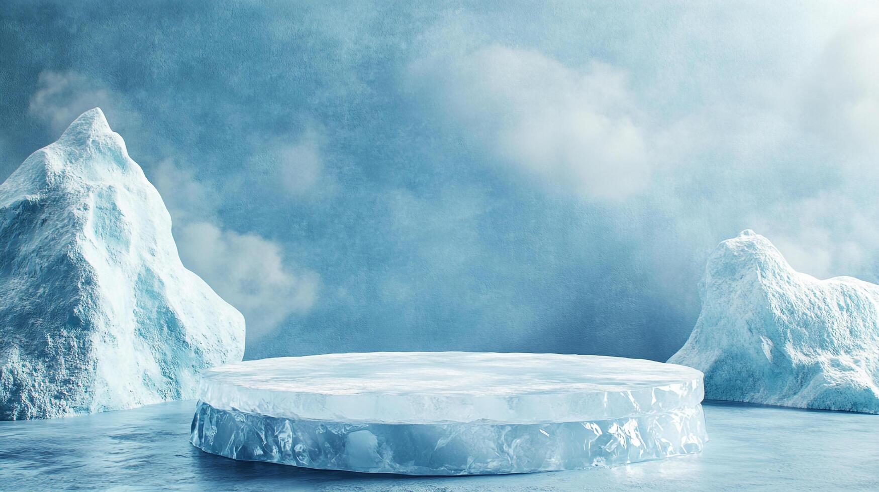 Icy platform with iceberg backdrop. Perfect for showcasing cool products. Minimalist design, cold palette. photo