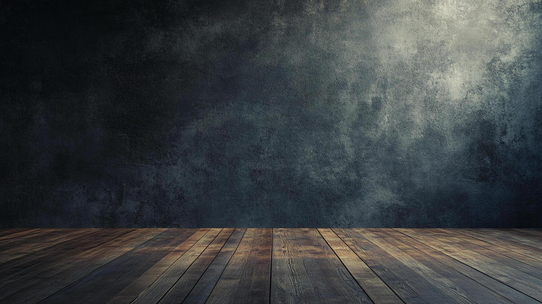 Moody interior scene featuring a dark textured wall illuminated by a subtle light, paired with a rich, aged wooden floor. photo