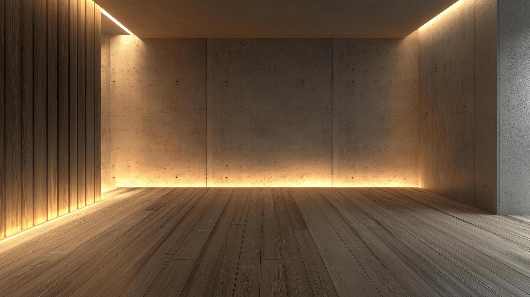 Minimalist interior featuring wood flooring, concrete walls, and subtle ambient lighting creates a serene and modern space. photo