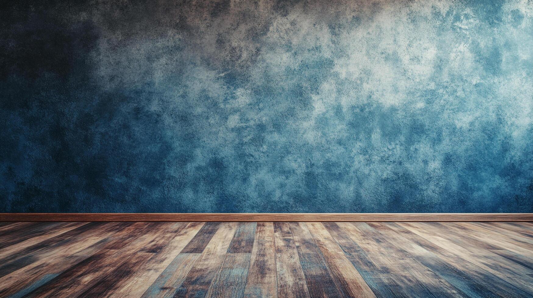 Blue textured wall meets weathered wood flooring, an empty room with an artistic, minimalist aesthetic, ideal for showcasing artwork. photo