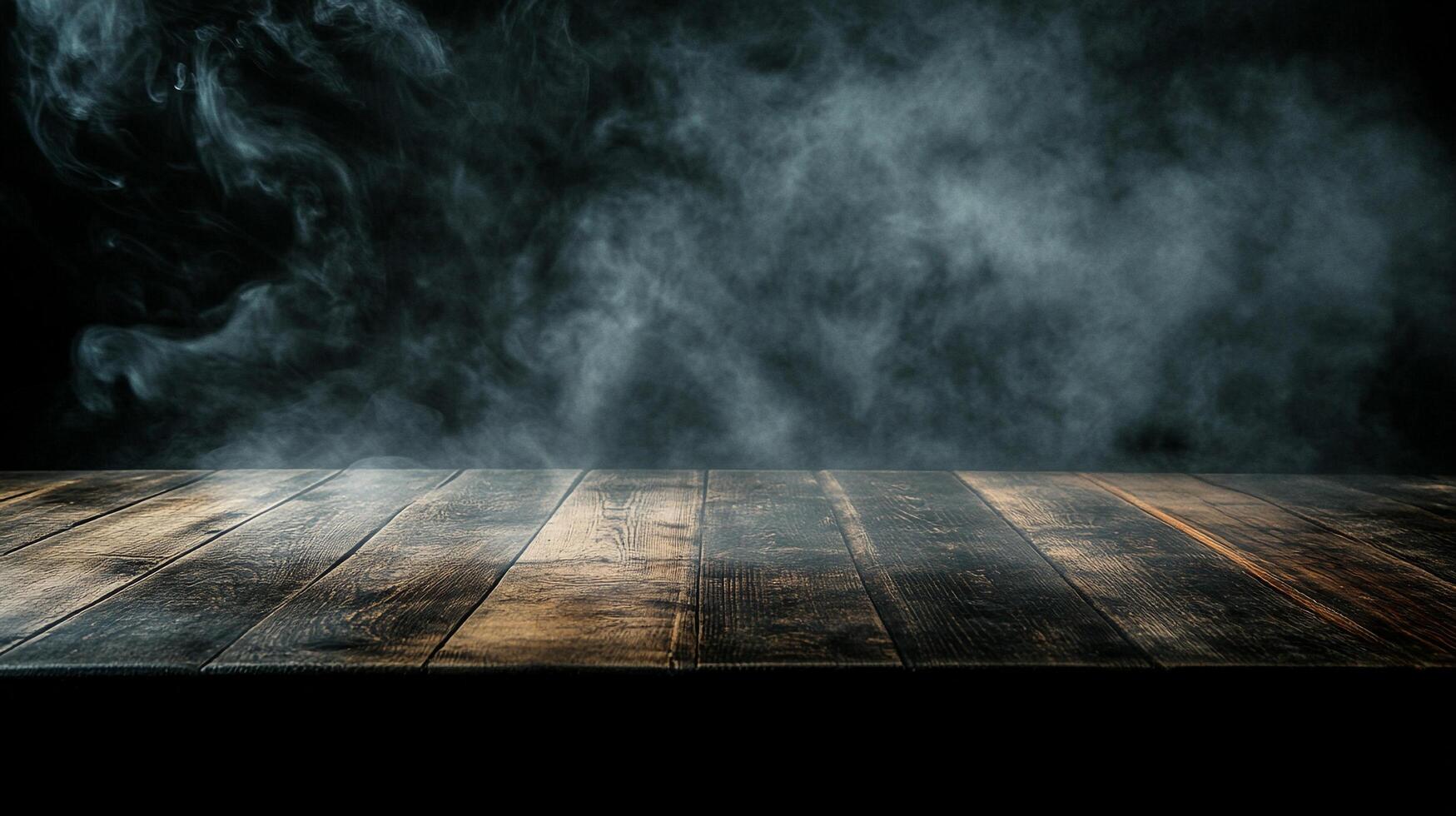 Eerie scene featuring a rustic wooden table in the foreground, shrouded by a mysterious fog against a dark backdrop, inviting intrigue. photo