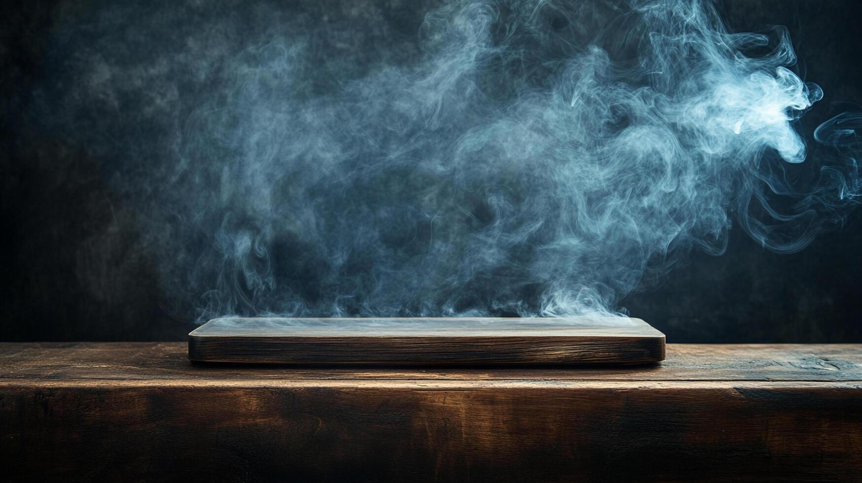 Wooden surface with ethereal smoke creates a mysterious atmosphere. Minimalist presentation with a backdrop of dark, swirling fog. photo