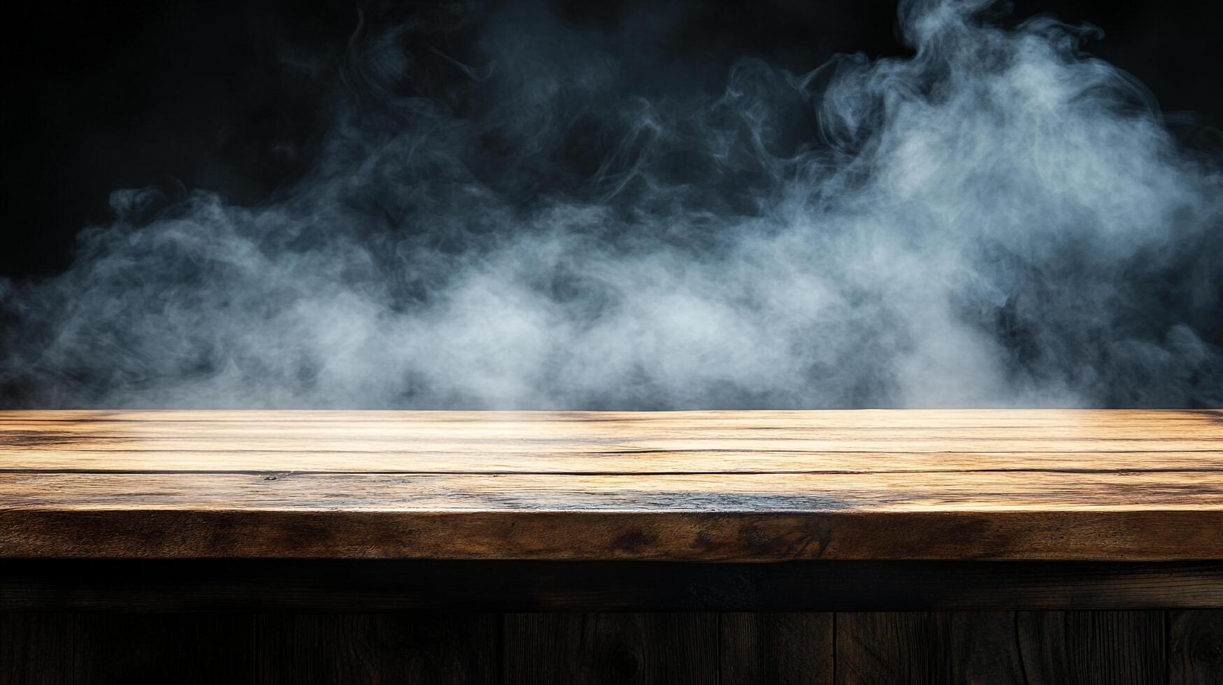 Rustic wooden surface with wisps of atmospheric smoke drifting in the dark background, creating a moody and intriguing ambiance. photo