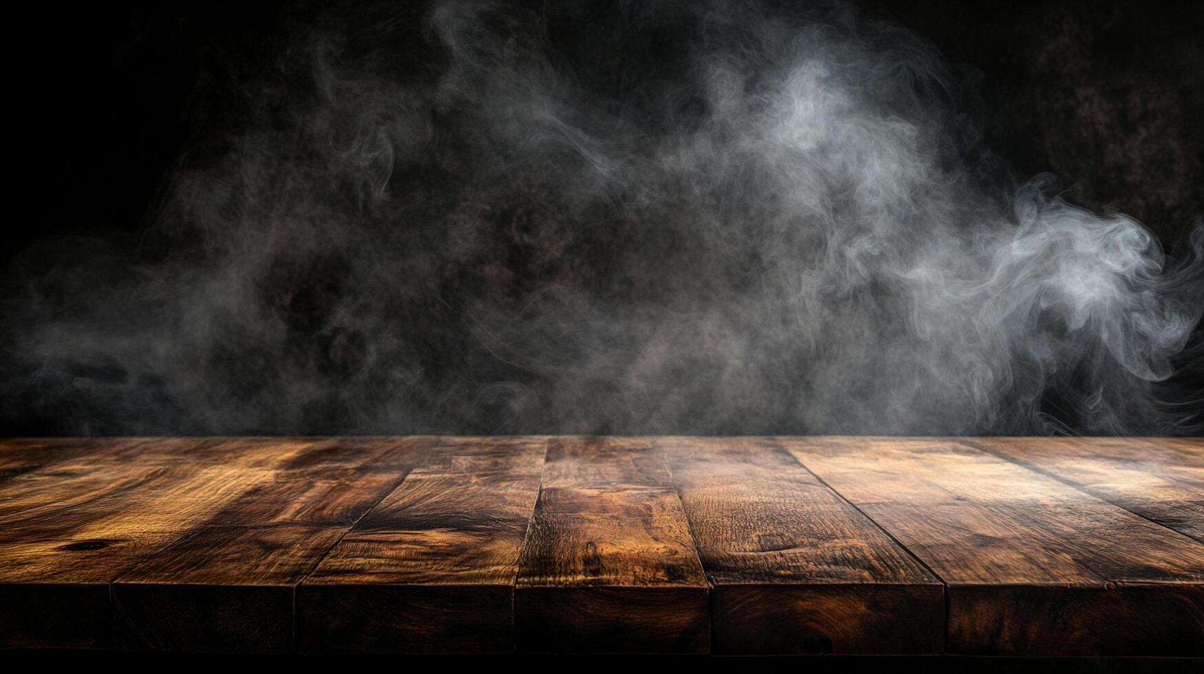 Wooden tabletop with a smoky background, perfect for product placement, adds a touch of mystery and natural beauty to your design. photo