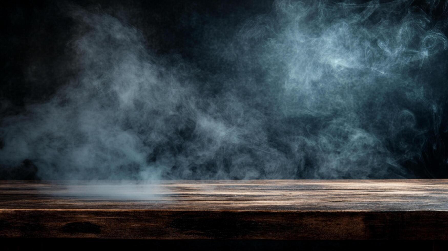 Eerie atmosphere created by swirling mist illuminated on a dark wooden surface, evoking mystery and wonder in a staged environment. photo