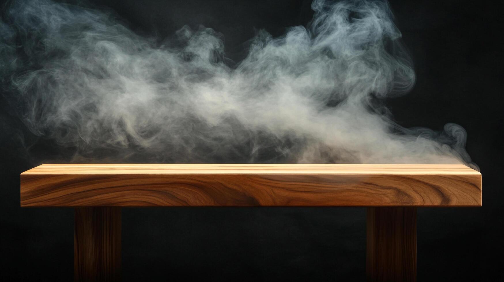 A wooden platform sits against a stark black background, engulfed in atmospheric smoke, creating a sense of mystique and calm. photo