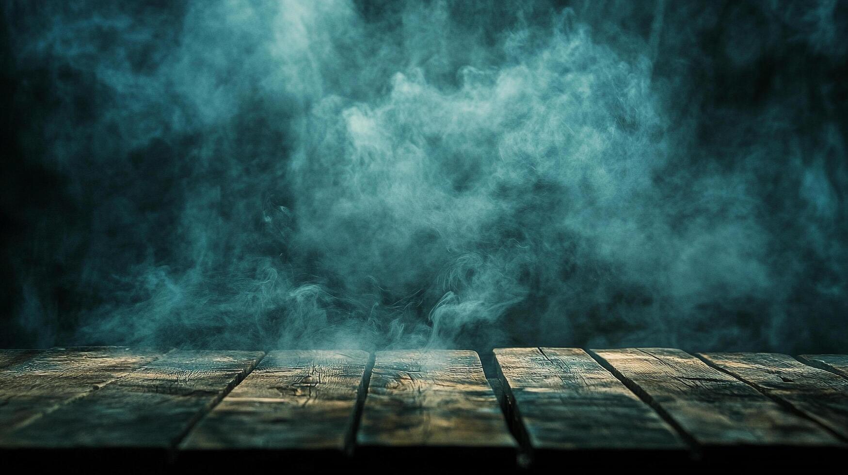 Atmospheric scene with a wooden surface bathed in mysterious, swirling smoke. Dramatic lighting enhances the texture and depth, evoking a sense of mystery. photo