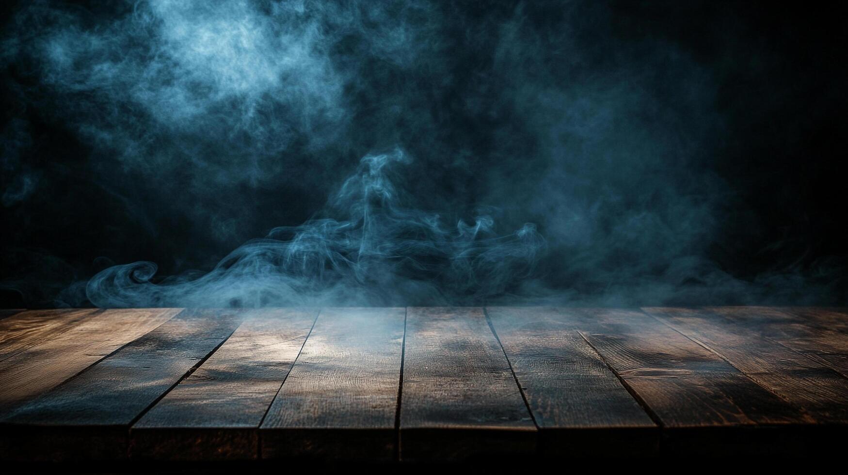 Smoky haze over a rustic wooden stage illuminated with dramatic lighting, creating a mysterious and atmospheric visual effect. photo
