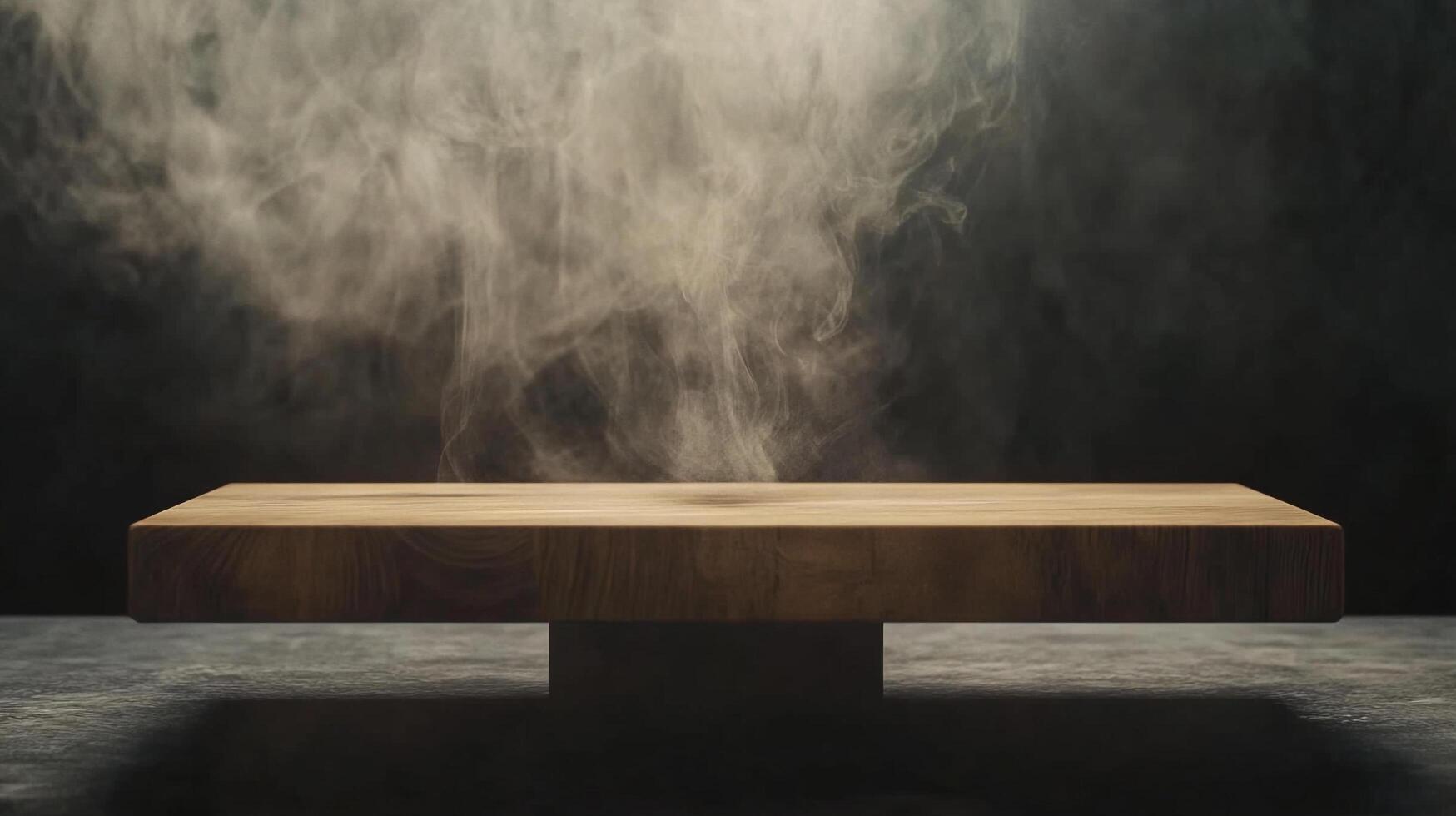 Minimalist product display. Wooden platform with soft, swirling smoke. Ideal for highlighting artisanal goods in a clean, modern setting. photo