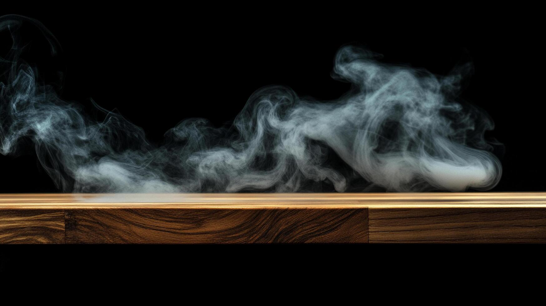 Ethereal smoke swirls above a rustic wooden surface, illuminated against a stark black backdrop. A study in contrasts, shadows, and form. photo