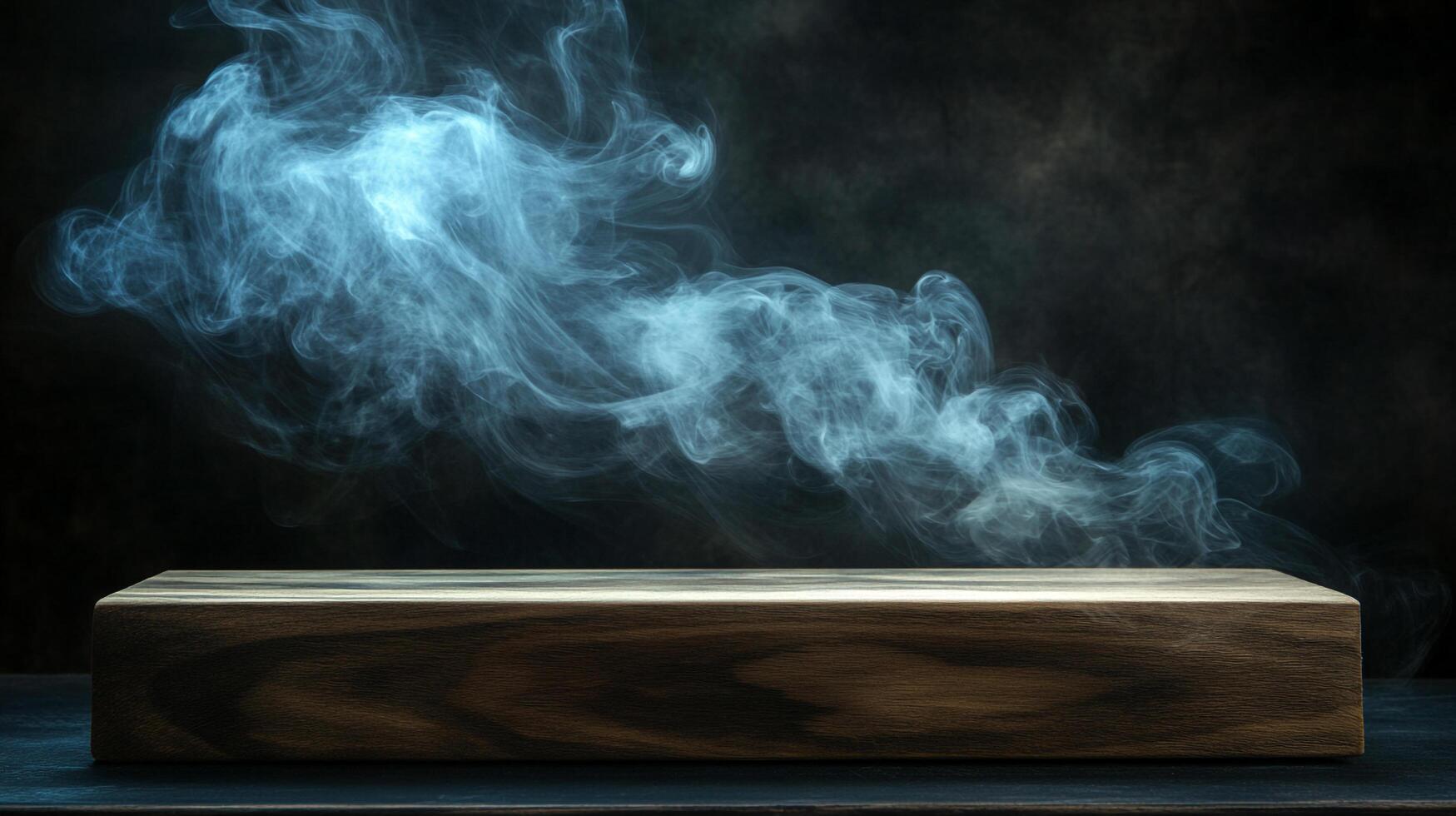 Wooden block set against a dark background with atmospheric smoke adds mystery and texture, enhancing any product display or presentation. photo
