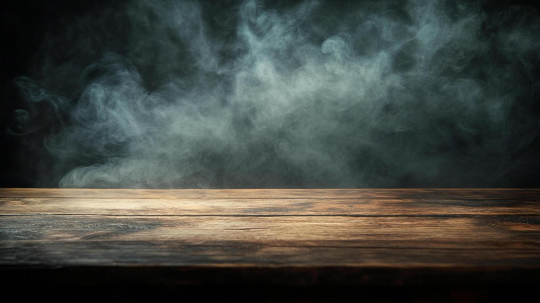 Moody atmosphere with smoke floating above a rustic wooden table. Great for showcasing products or creating a mysterious backdrop. photo