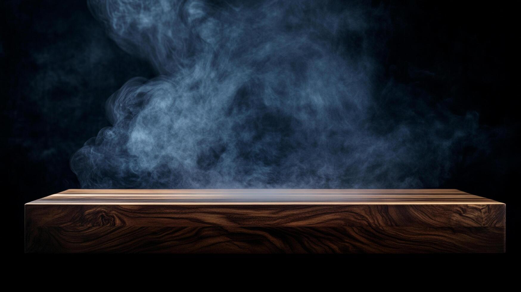 Elegant dark wood platform with swirling mist in the background. Sophisticated backdrop perfect for product placement or artistic display. photo