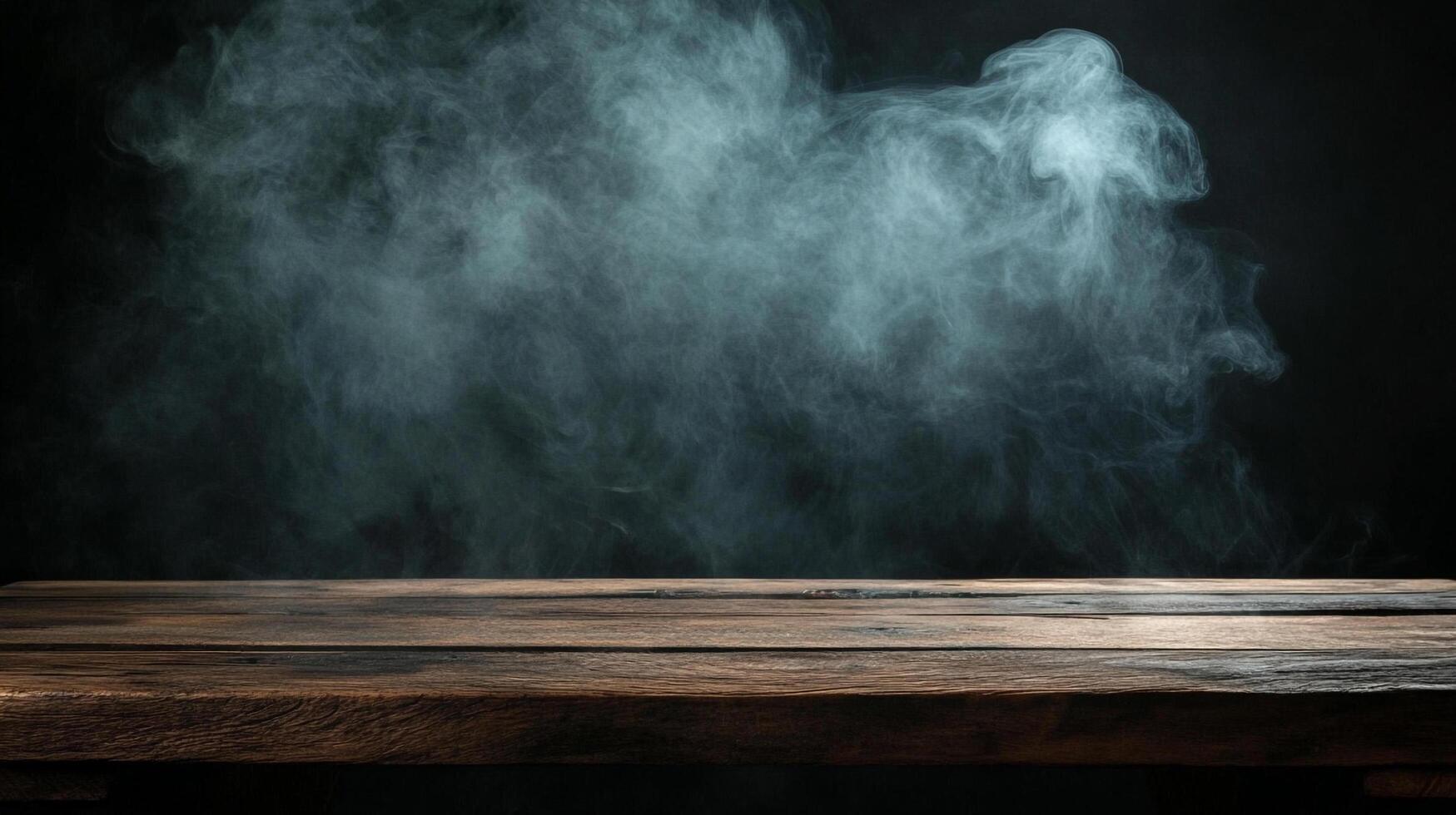 A wooden surface, reminiscent of a stage, is set against a backdrop of ethereal, smoke-like formations illuminated in the dim light. photo