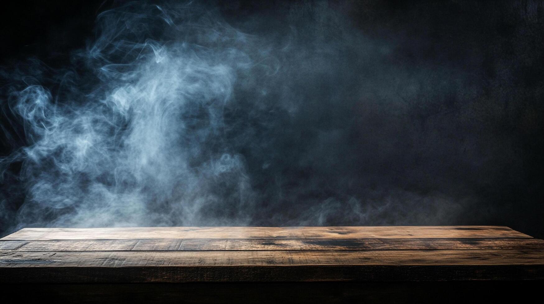 Moody wood surface with ethereal smoke drifting above, creating a mystical atmosphere for product display or creative composition. photo