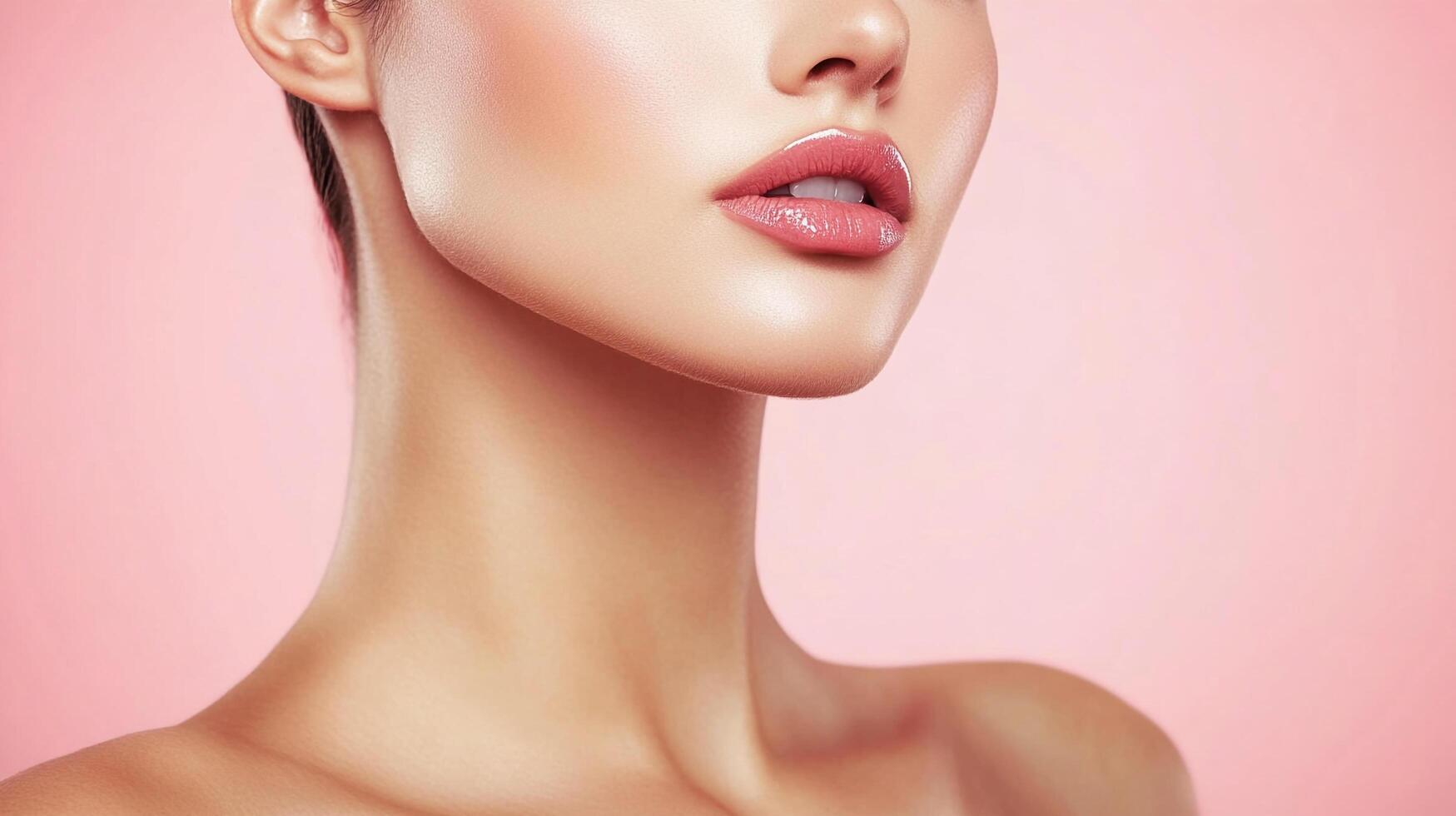 Elegant woman displaying radiant complexion and glossy lips against a light pink backdrop, showcasing smooth skin and delicate features. photo