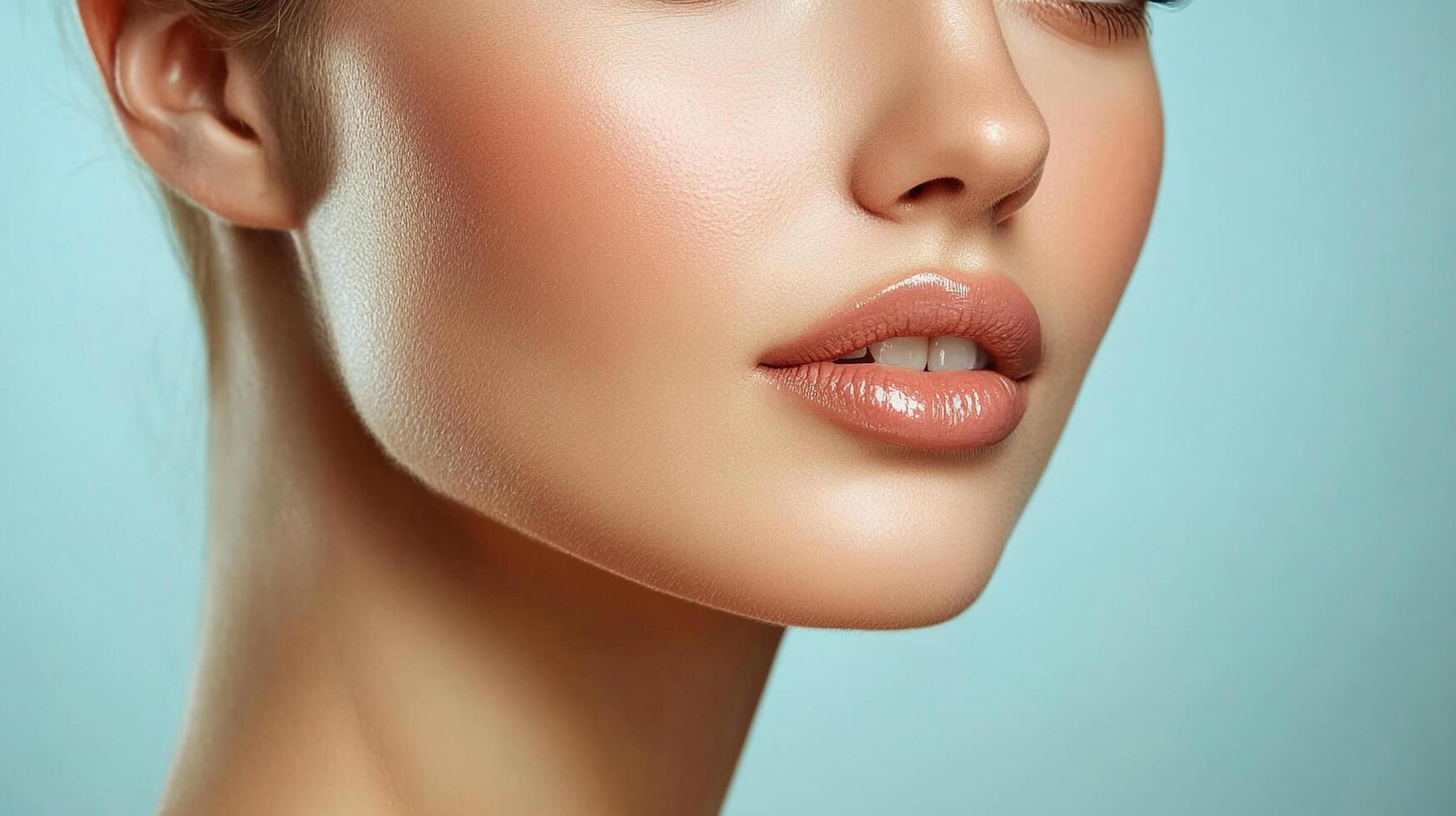 Close-up beauty shot showcases a model's radiant skin, with a focus on her glossy lips and delicate features. The pastel backdrop enhances the image. photo