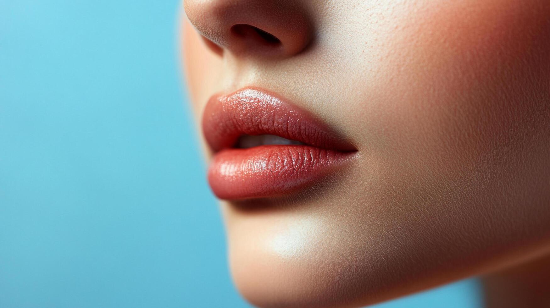 Close-up captures the detail of healthy, full lips with coral-colored lipstick and a glossy sheen on a turquoise background. photo