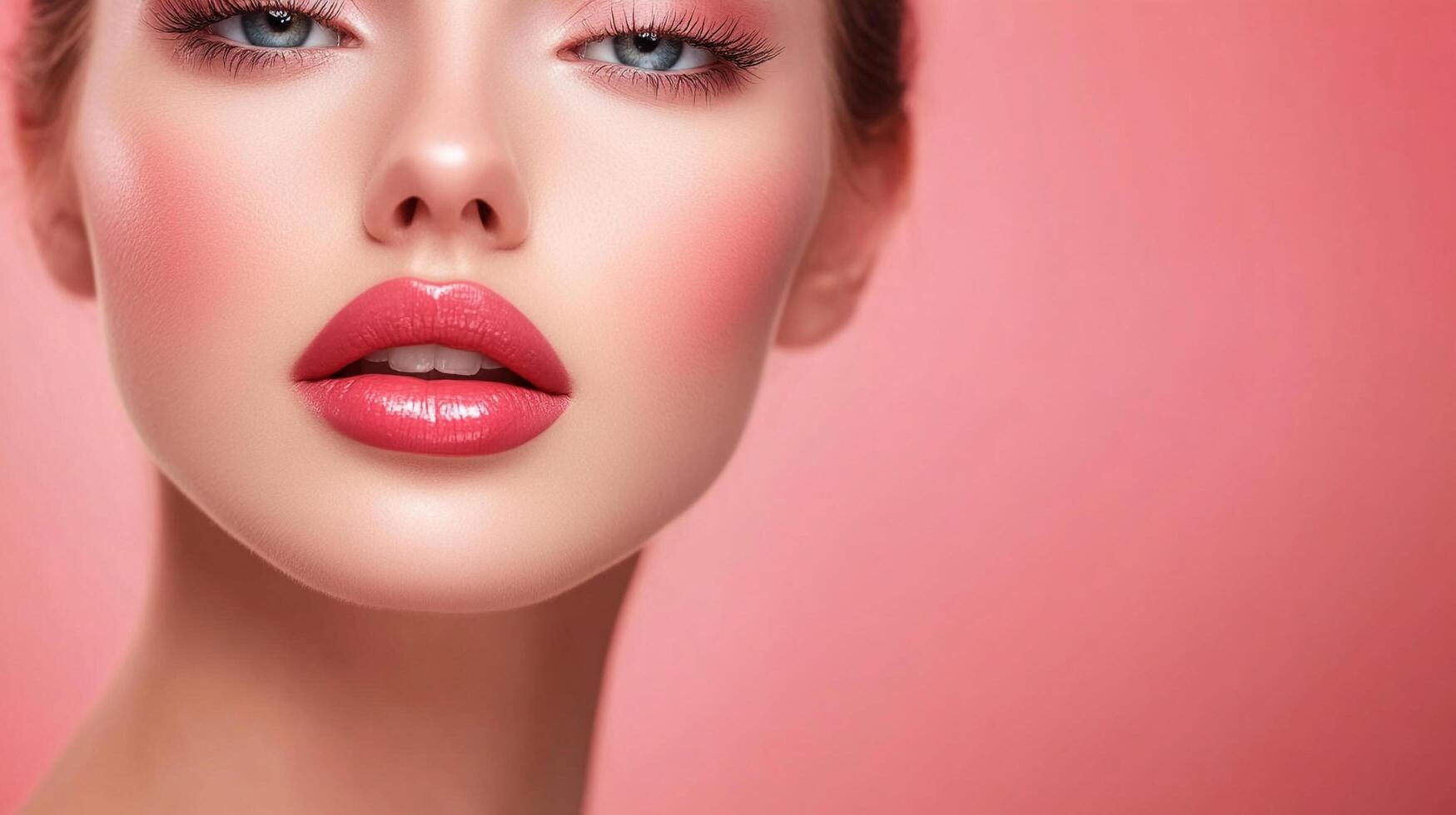 Close-up studio shot of woman with pink makeup, flawless skin and glossy lips against a matching pink background. photo