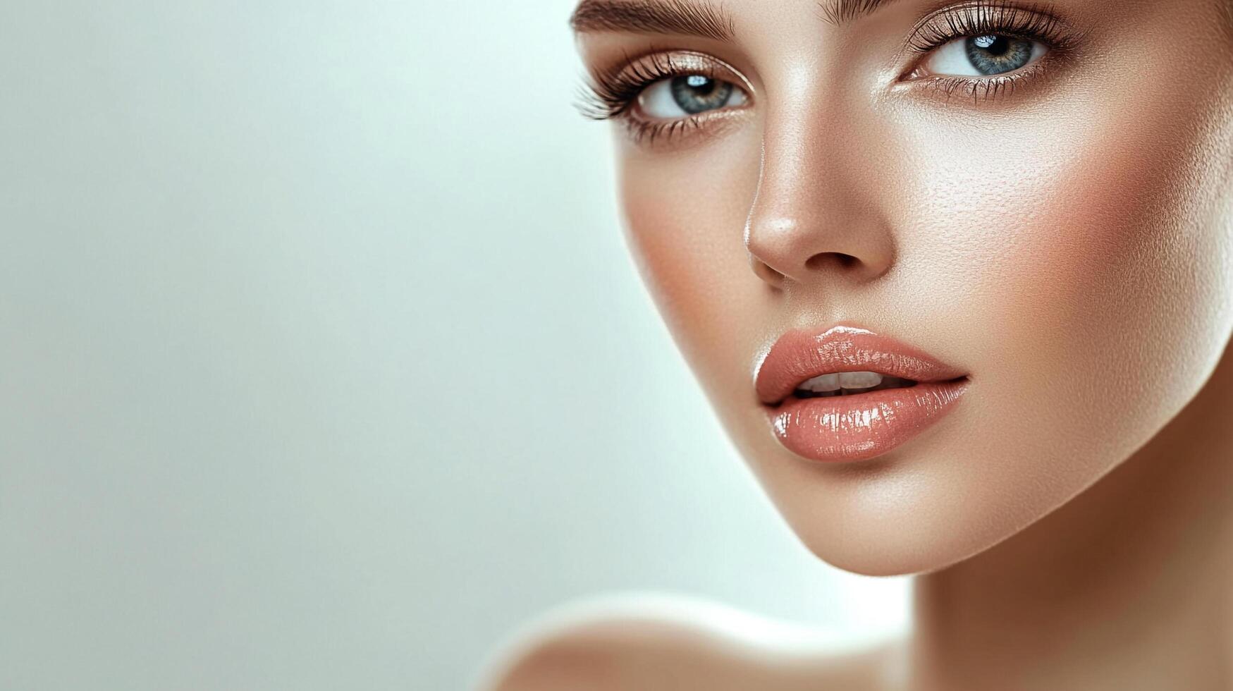 Radiant beauty shines through with flawless skin, captivating eyes, and perfectly glossed lips, a vision of elegant refinement. photo