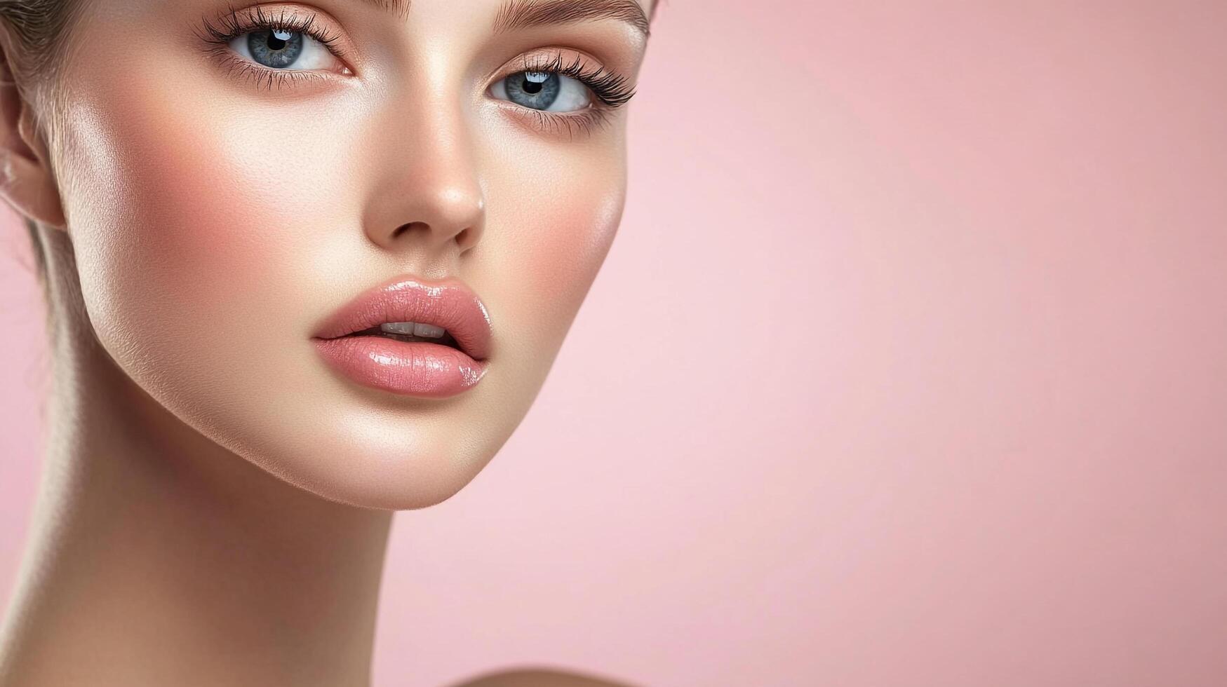Radiant woman with flawless skin, captivating blue eyes, and glossy lips, bathed in soft light against a delicate pastel backdrop. photo