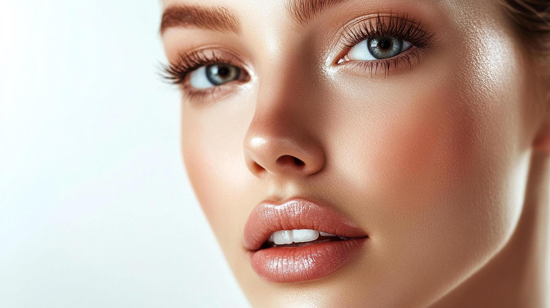 Close-up of a woman's face with flawless skin, defined eyebrows, long eyelashes, and glossy lips on a white background. photo