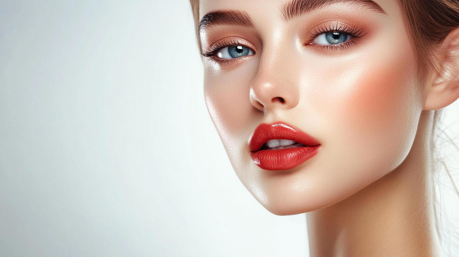 Close-up studio shot of a model with flawless skin, accentuated features, and captivating makeup showcasing beauty and cosmetic appeal. photo