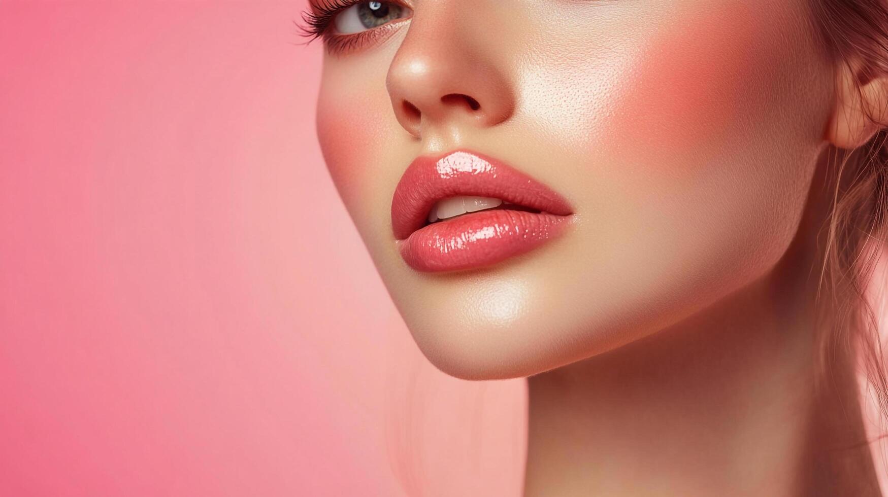 Close-up of a woman's face with glossy lips and subtle blush, showcasing radiant skin and delicate makeup against a soft pink backdrop. photo