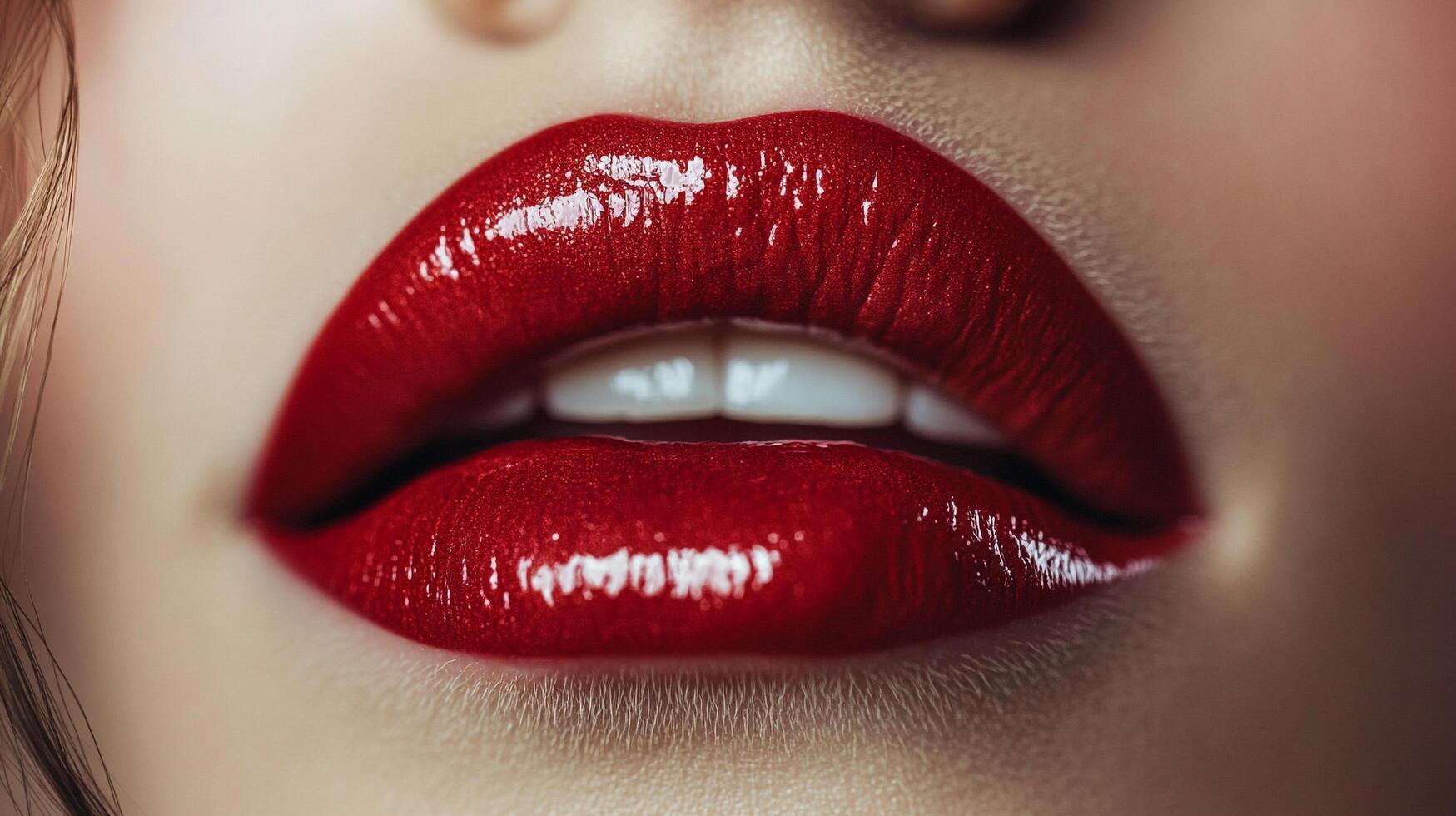 Close-up of striking red lips, a vibrant and alluring beauty statement. The glossy texture enhances the bold color, creating a captivating look. photo