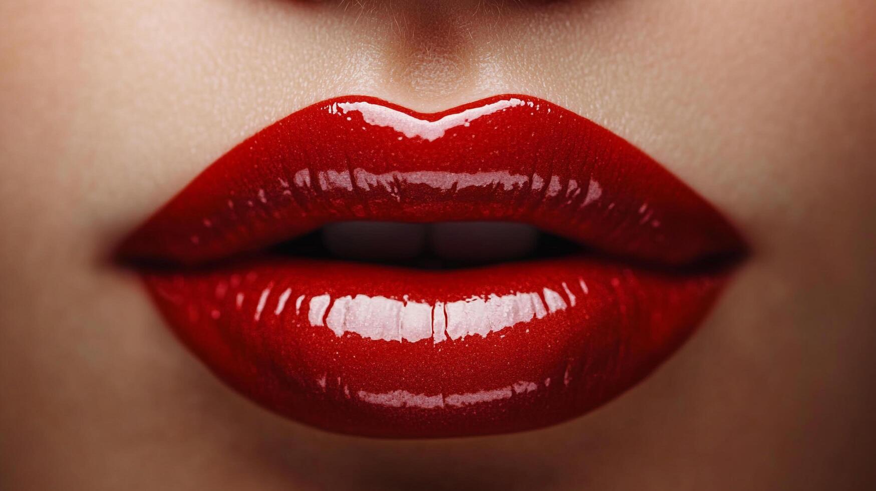 Close-up of glossy, vibrant red lips. The lush, full lips are a focal point, enhanced by the radiant, high-shine finish. A striking image of beauty. photo