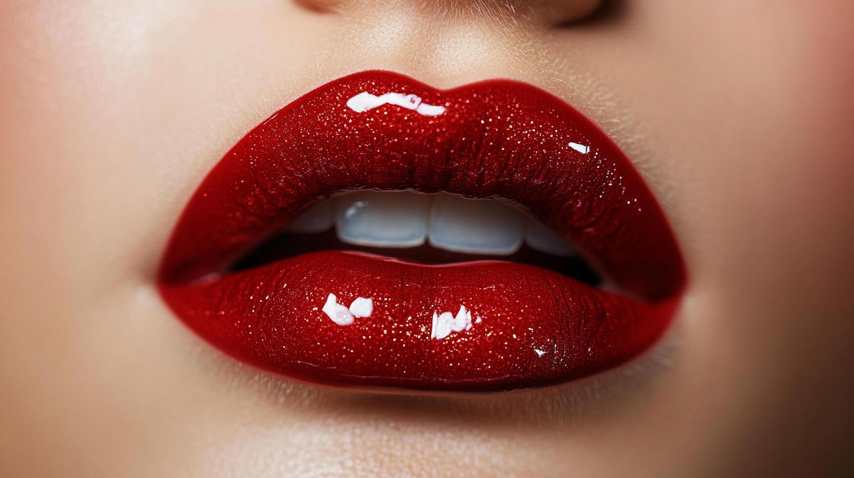 Glossy red lips with subtle shimmer, teeth visible. Perfect for beauty product ads, capturing allure and glamour. photo